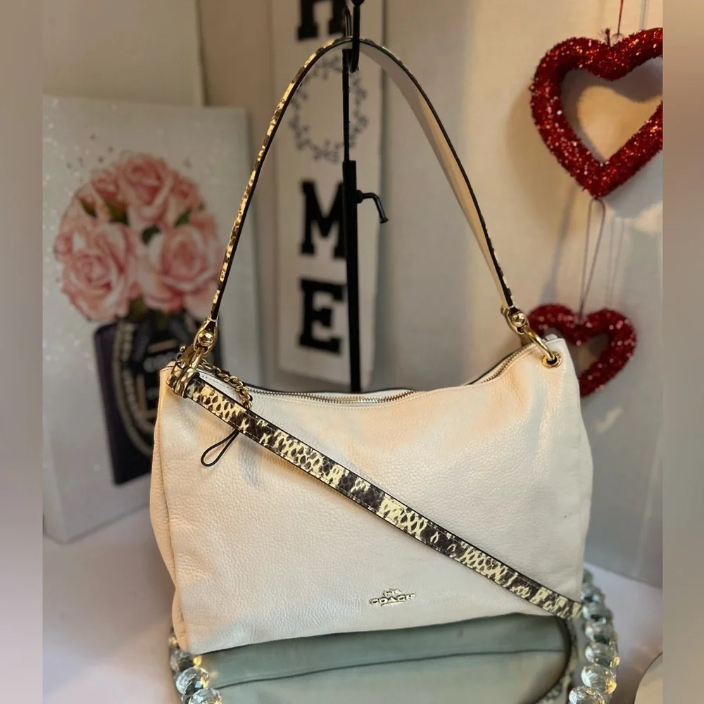 Coach Cream and Black Hobo Shoulder Bag with Snake Print